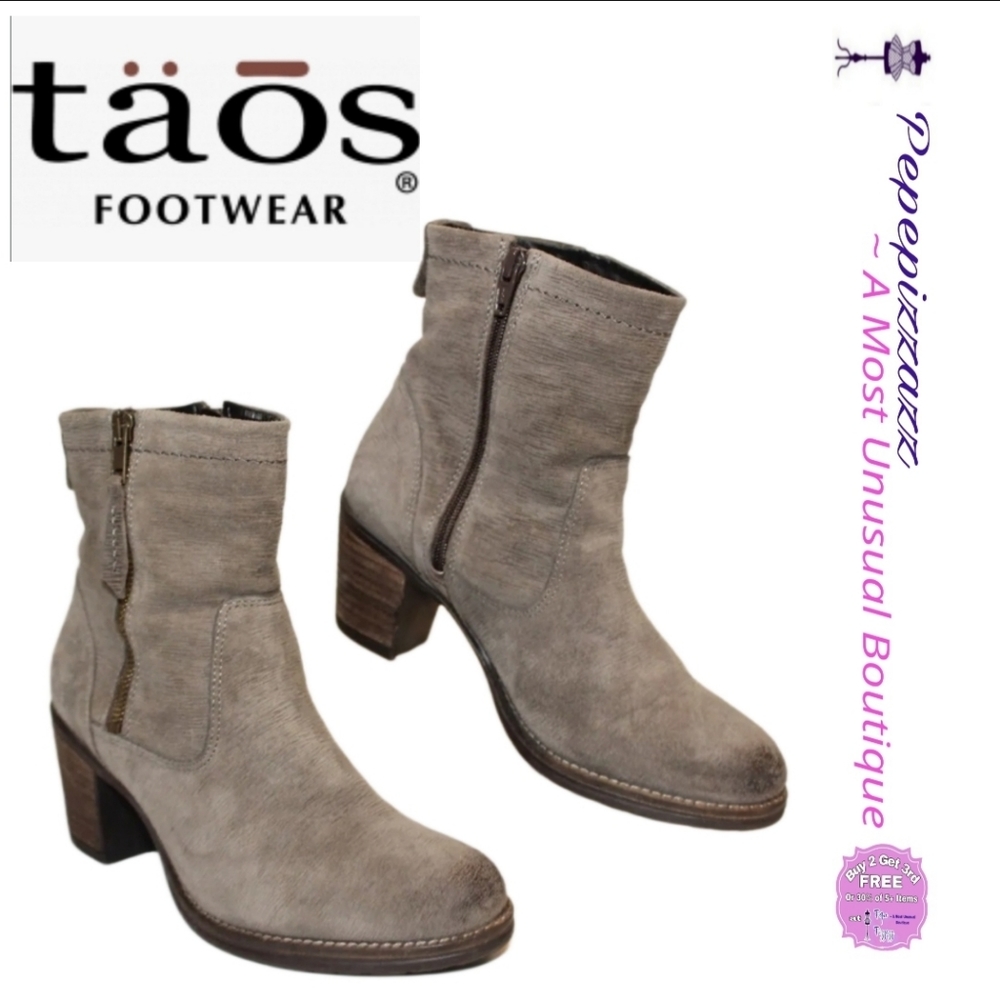 Taos 6 6.5 Taupe LEATHER Zip Up Booties Ankle Boots stacked chunky heels